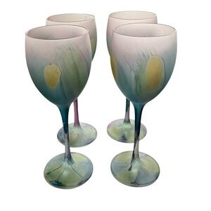 Vintage Wine Glasses Art Nouveau Feathers Opaque Pink Blue Lot Set Of 4 Luminarc